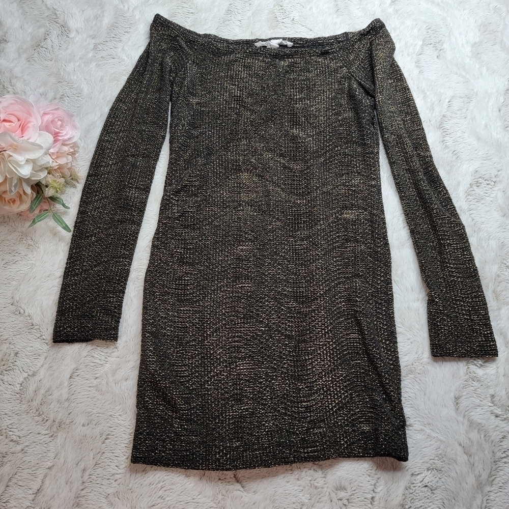 BCBGeneration Sparkle Tonight Off Shoulder Mini Dress Black Gold Size XXS